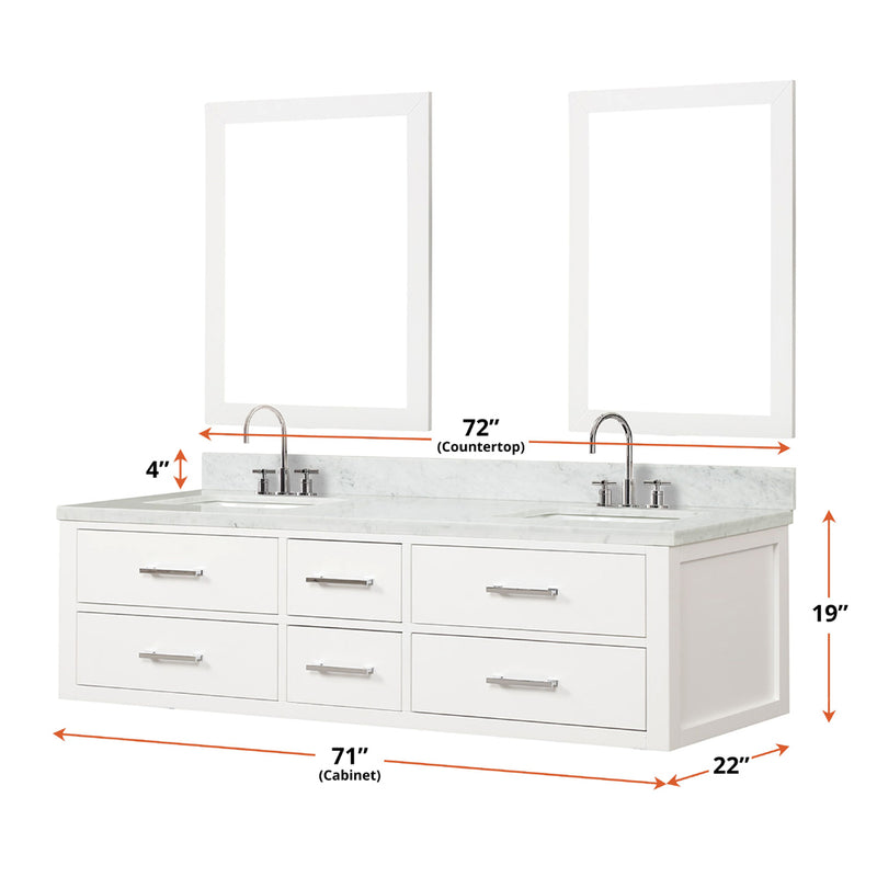 Lexora Castor 72" W x 22" D Black Double Bath Vanity Carrara Marble Top and 34" Mirrors