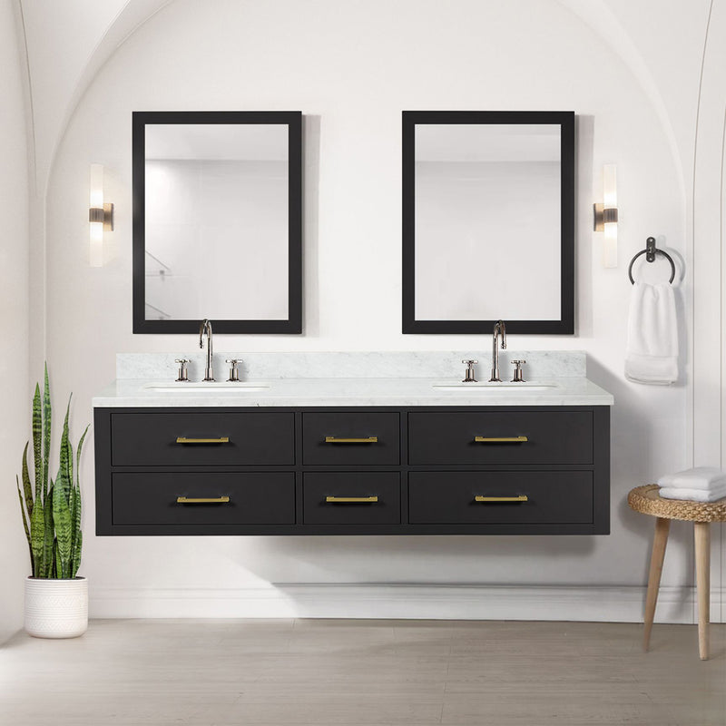 Lexora Castor 72" W x 22" D Black Double Bath Vanity Carrara Marble Top and 34" Mirrors