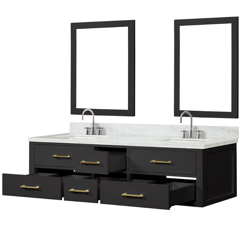 Lexora Castor 72" W x 22" D Black Double Bath Vanity Carrara Marble Top with Faucet Set and 34" Mirrors