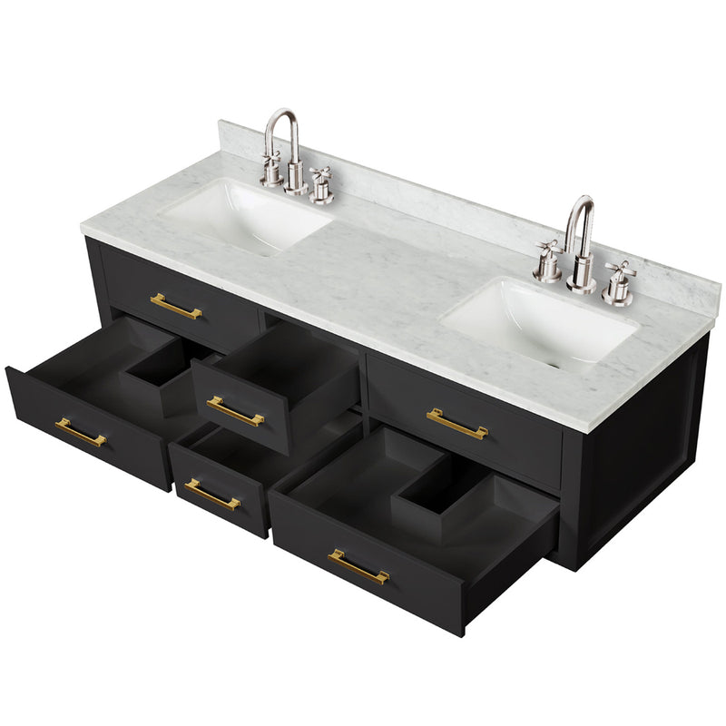 Lexora Castor 72" W x 22" D Black Double Bath Vanity Carrara Marble Top with Faucet Set and 34" Mirrors