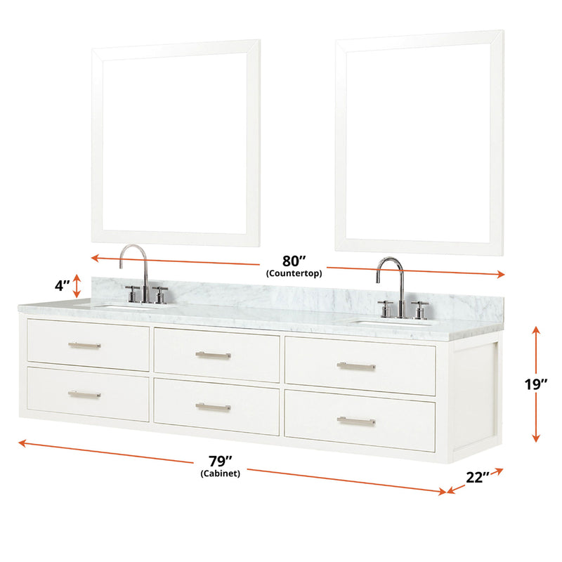 Lexora Castor 80" W x 22" D Black Double Bath Vanity Carrara Marble Top and 36" Mirrors