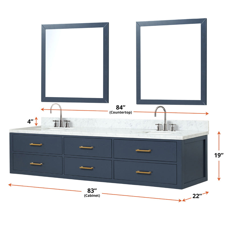 Lexora Castor 84" W x 22" D Black Double Bath Vanity Carrara Marble Top and 36" Mirrors