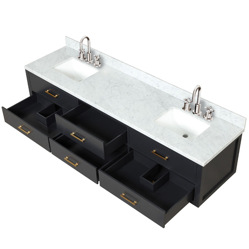 Lexora Castor 84" W x 22" D Black Double Bath Vanity Carrara Marble Top with Faucet Set and 36" Mirrors