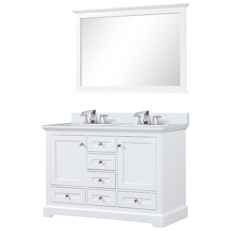 Lexora Dukes 48" W x 22" D White Bath Vanity Cultured Marble Top with Faucet Set and 46" Mirror