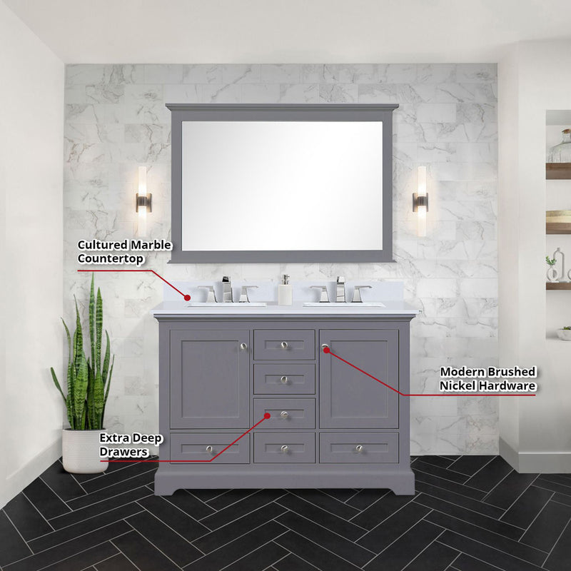 Lexora Dukes 48" W x 22" D Dark Grey Bath Vanity Cultured Marble Top with Faucet Set and 46" Mirror