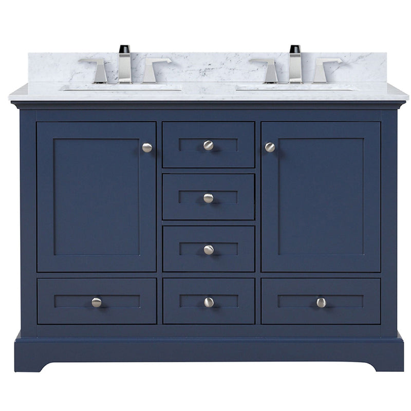 Lexora Dukes 48" W x 22" D Navy Blue Double Bath Vanity Carrara Marble Top with Faucet Set