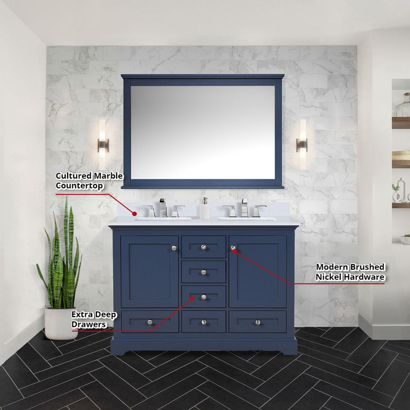 Lexora Dukes 48" W x 22" D Navy Blue Bath Vanity Cultured Marble Top with Faucet Set