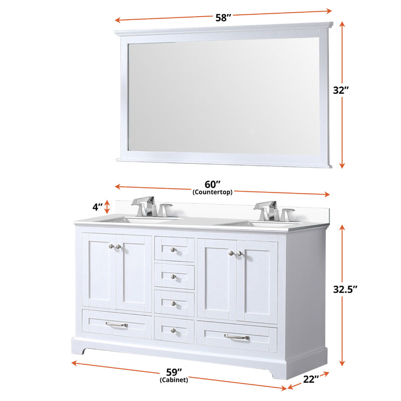 Lexora Dukes 60" W x 22" D White Double Bath Vanity Carrara Marble Top and 58" Mirror