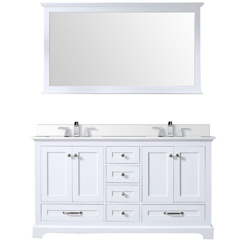 Lexora Dukes 60" W x 22" D White Double Bath Vanity Carrara Marble Top with Faucet Set and 58" Mirror