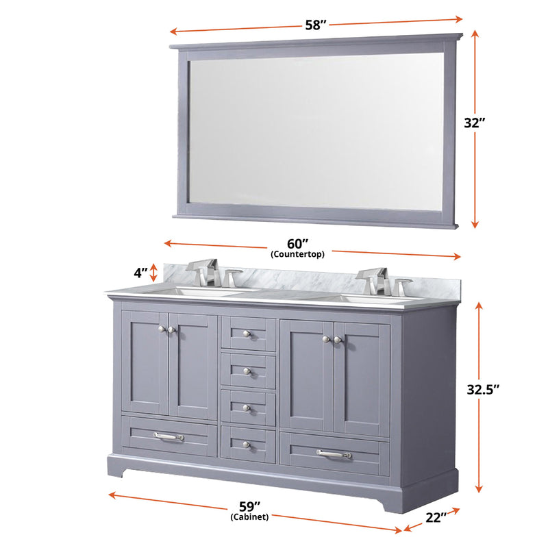 Lexora Dukes 60" W x 22" D Dark Grey Double Bath Vanity Carrara Marble Top with Faucet Set