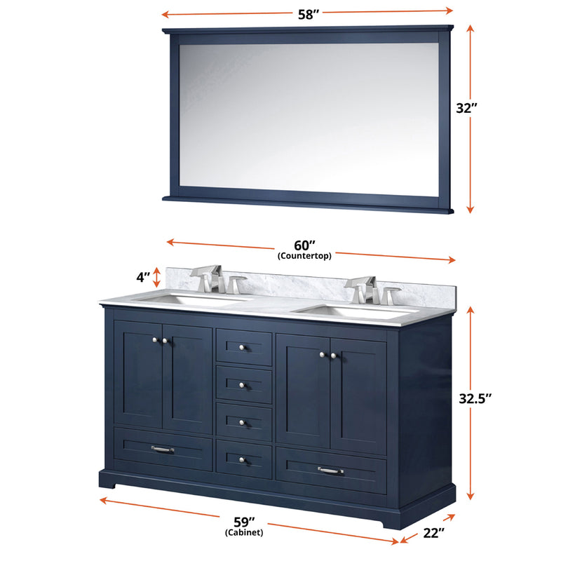 Lexora Dukes 60" W x 22" D Navy Blue Double Bath Vanity Carrara Marble Top with Faucet Set