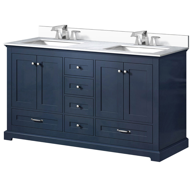 Lexora Dukes 60" W x 22" D Navy Blue Double Bath Vanity Carrara Marble Top with Faucet Set