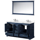 Lexora Dukes 60" W x 22" D Navy Blue Double Bath Vanity Carrara Marble Top with Faucet Set and 58" Mirror