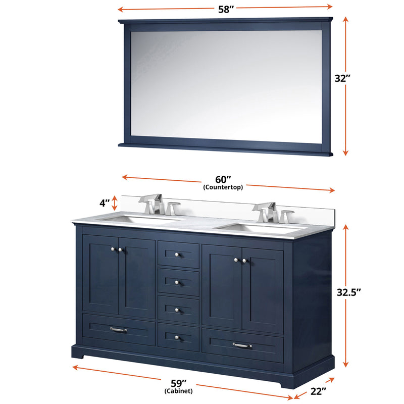 Lexora Dukes 60" W x 22" D Navy Blue Double Bath Vanity Carrara Marble Top with Faucet Set and 58" Mirror