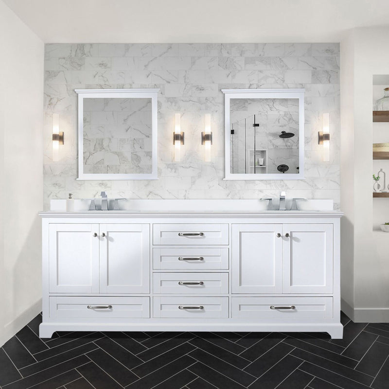 Lexora Dukes 80" W x 22 " D White Double Bath Vanity Carrara Marble Top with Faucet Set and 30" Mirrors