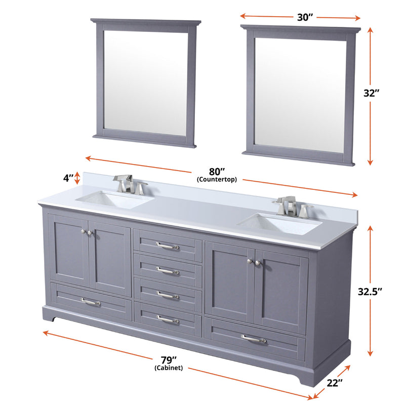 Lexora Dukes 80" W x 22 " D Dark Grey Double Bath Vanity Carrara Marble Top and 30" Mirrors