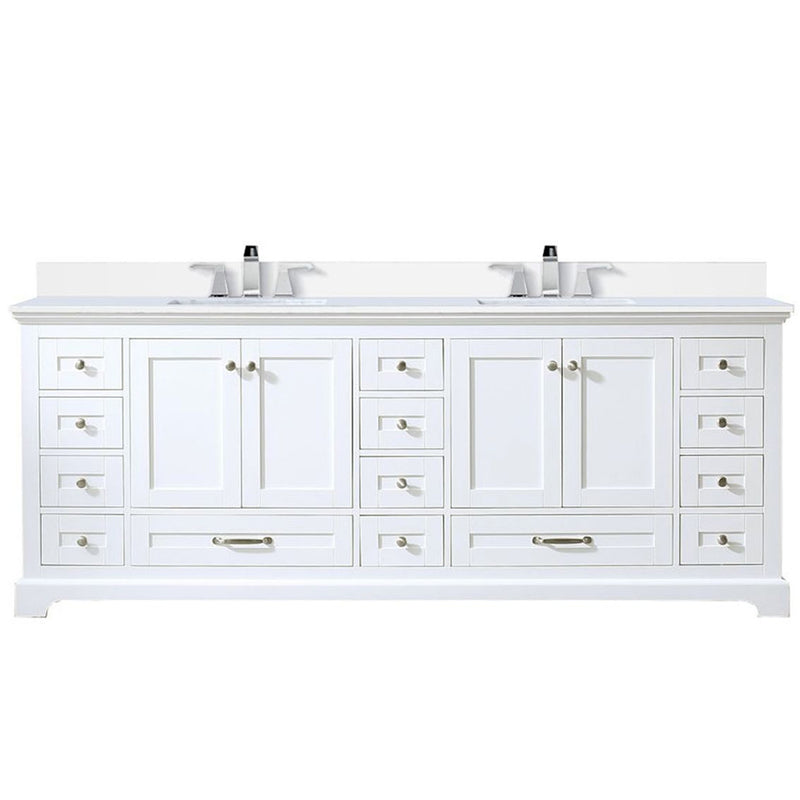 Lexora Dukes 84" W x 22" D White Double Bath Vanity Carrara Marble Top with Faucet Set