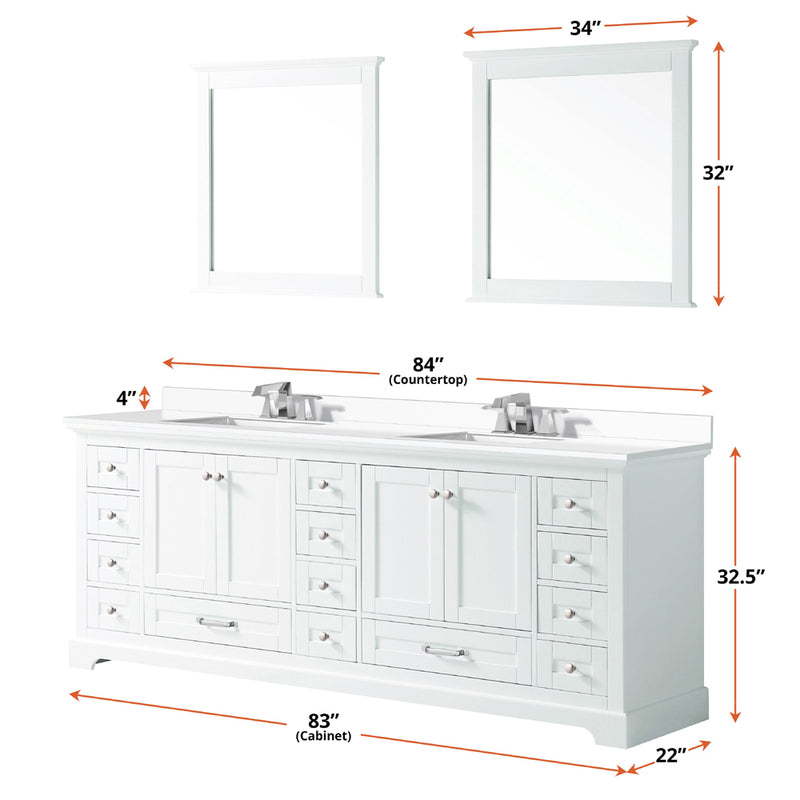 Lexora Dukes 84" W x 22" D White Double Bath Vanity Carrara Marble Top and 34" Mirrors