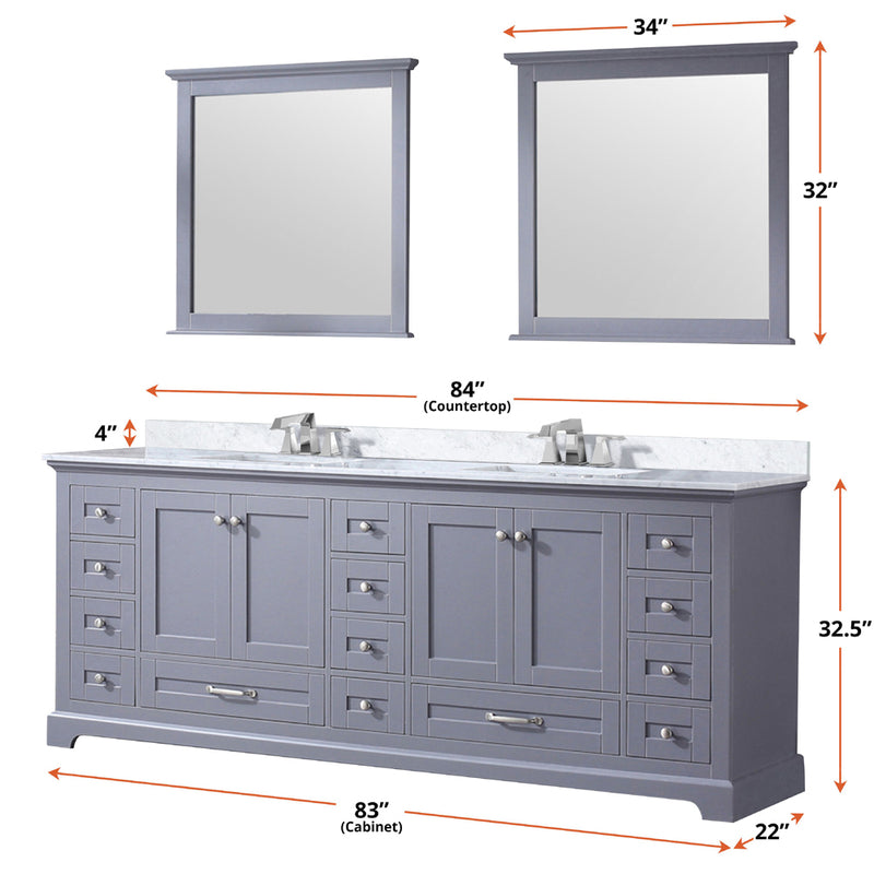 Lexora Dukes 84"  W x 22" D Dark Grey Double Bath Vanity Carrara Marble Top with Faucet Set