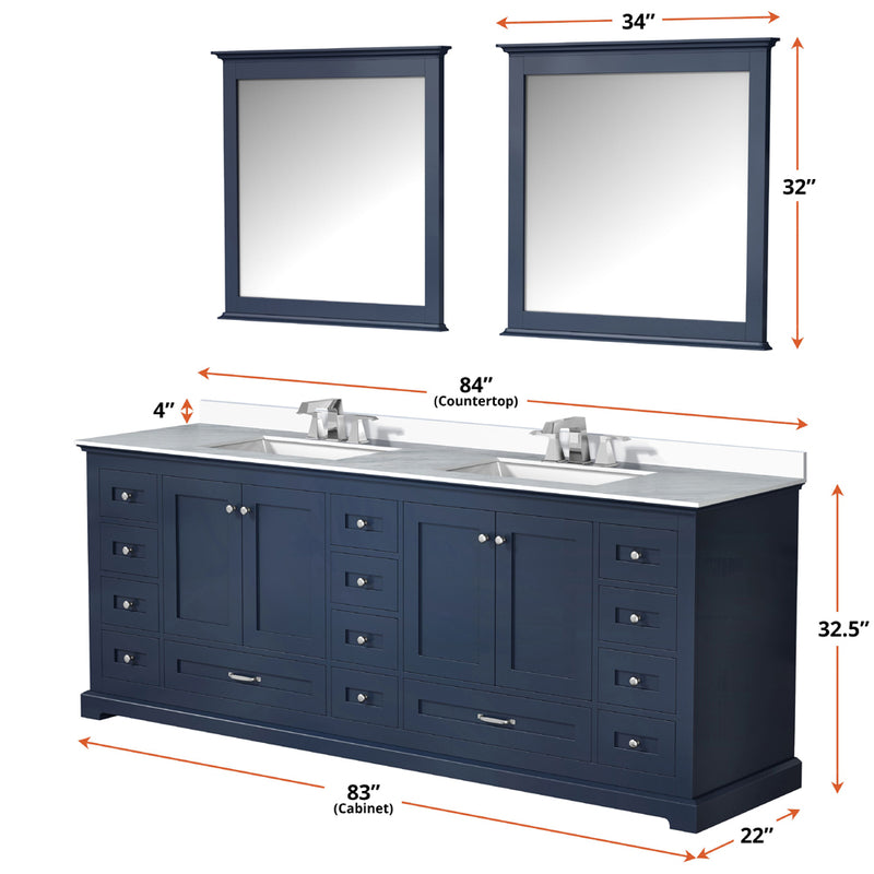 Lexora Dukes 84" W x 22" D Navy Blue Double Bath Vanity Carrara Marble Top and 34" Mirrors