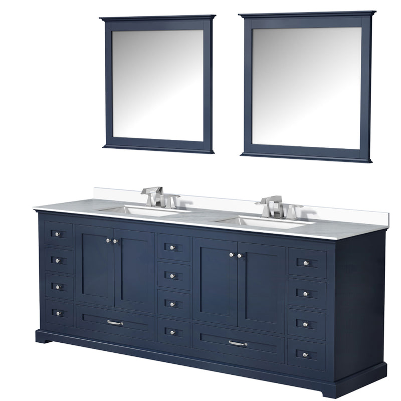 Lexora Dukes 84" W x 22" D Navy Blue Double Bath Vanity Carrara Marble Top with Faucet Set and 34" Mirrors