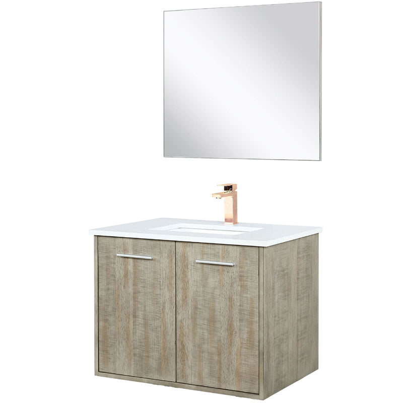 Lexora Fairbanks 30" W x 20" D Rustic Acacia Bath Vanity White Quartz Top with Faucet Set and 28" Mirror