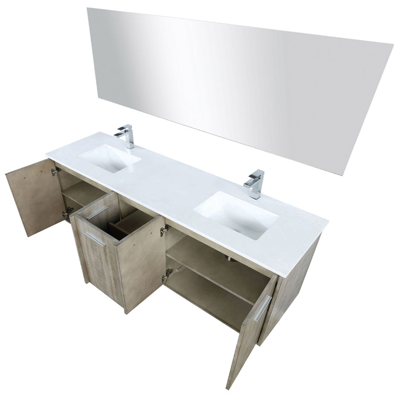 Lexora Fairbanks 72 " W x 20 " D Rustic Acacia Double Bath Vanity White Quartz Top with Faucet Set and 70" Mirror