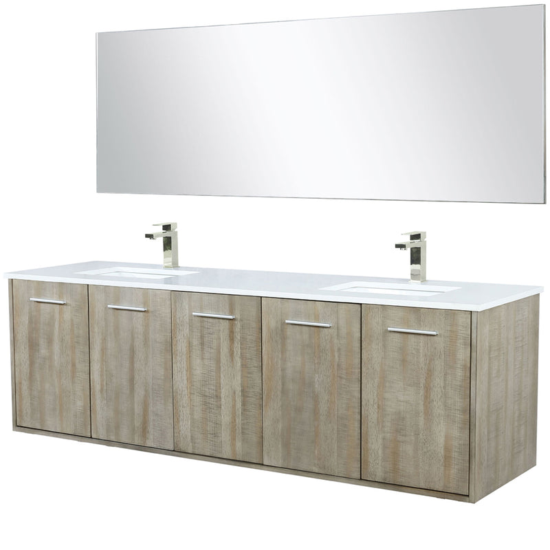 Lexora Fairbanks 72 " W x 20 " D Rustic Acacia Double Bath Vanity White Quartz Top with Faucet Set and 70" Mirror