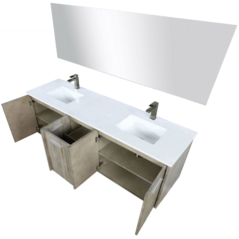 Lexora Fairbanks 72 " W x 20 " D Rustic Acacia Double Bath Vanity White Quartz Top with Faucet Set and 70" Mirror