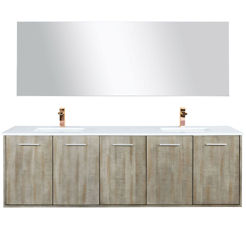 Lexora Fairbanks 72 " W x 20 " D Rustic Acacia Double Bath Vanity White Quartz Top with Faucet Set and 70" Mirror