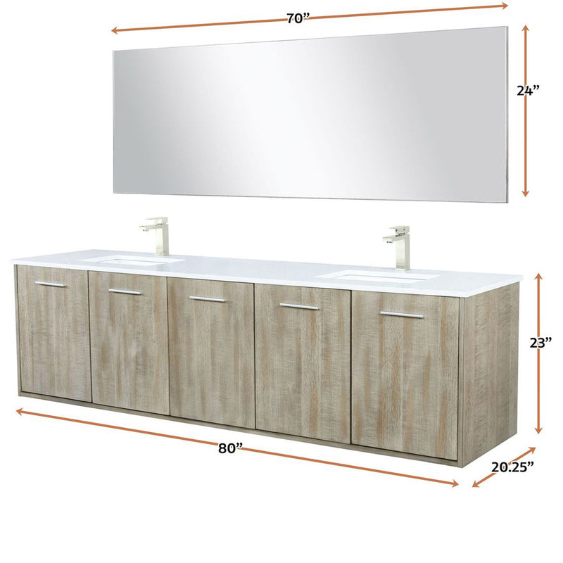 Lexora Fairbanks 80" W x 20" D Rustic Acacia Double Bath Vanity White Quartz Top with Faucet Set and 70" Mirror