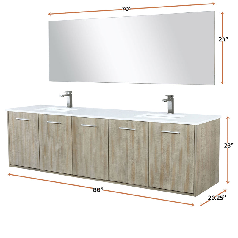 Lexora Fairbanks 80" W x 20" D Rustic Acacia Double Bath Vanity White Quartz Top with Faucet Set and 70" Mirror