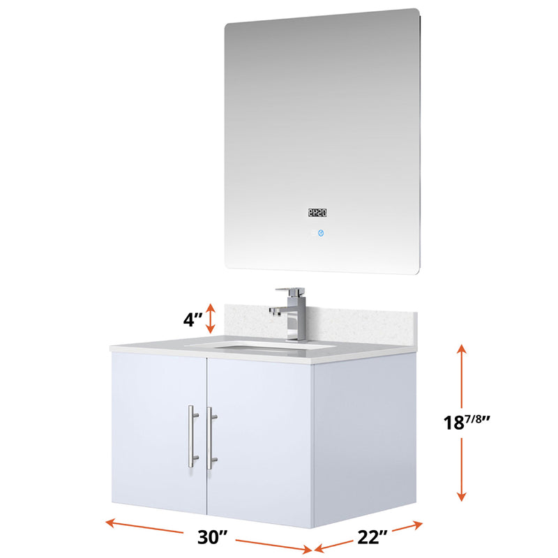 Lexora Geneva 30" W x 22" D Glossy White Bath Vanity Marble Top with 30" LED Mirror