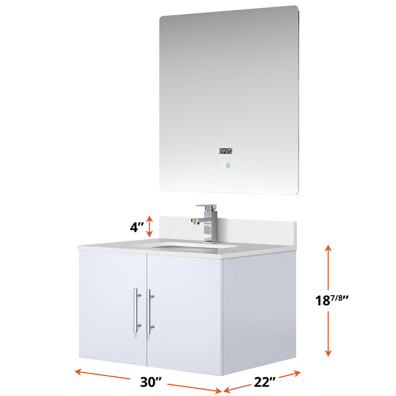 Lexora Geneva 30" W x 22" D Glossy White Bath Vanity Marble Top with Faucet Set and 30" LED Mirror