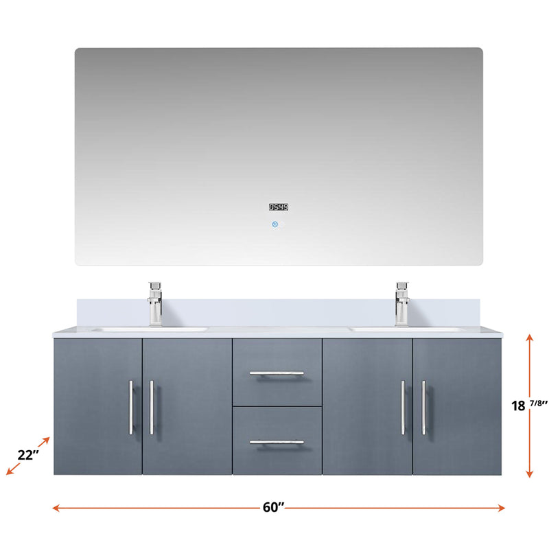 Lexora Geneva 60" W x 22" D Dark Grey Double Bath Vanity Marble Top and 60" LED Mirror