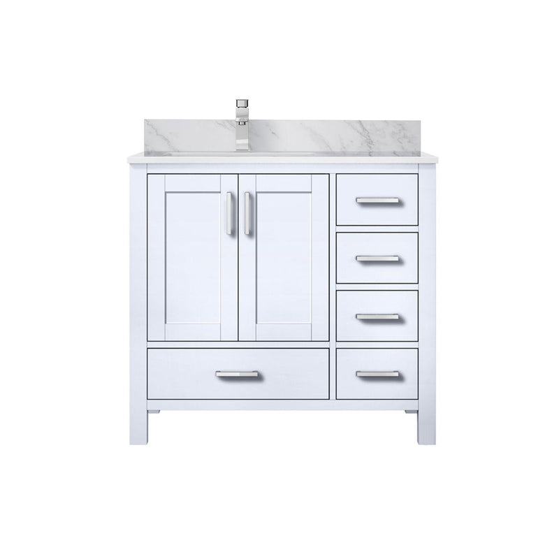 Lexora Jacques 36" W x 22" D Offset White Single Bath Vanity with Marble Top, and Faucet Set