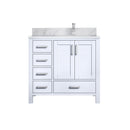 Lexora Jacques 36" W x 22" D Offset White Single Bath Vanity with Marble Top, and Faucet Set