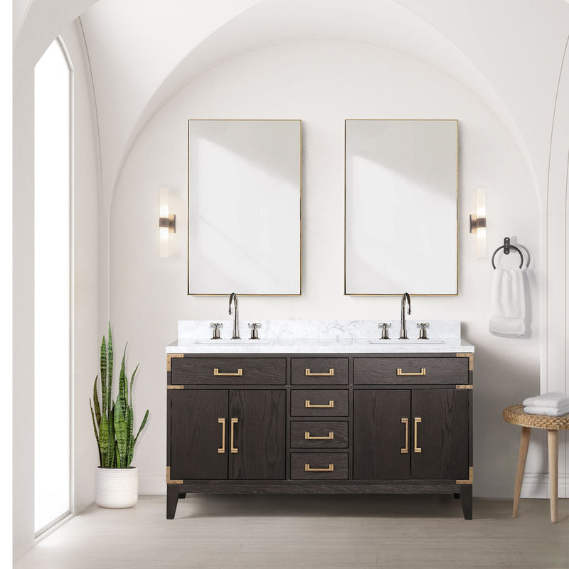 Lexora Laurel 60" W x 22" D Double Bath Vanity Carrara Marble Top with Faucet Set and 28" Mirrors