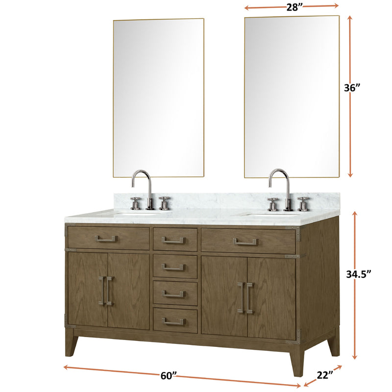 Lexora Laurel 60" W x 22" D Double Bath Vanity Carrara Marble Top with Faucet Set and 28" Mirrors