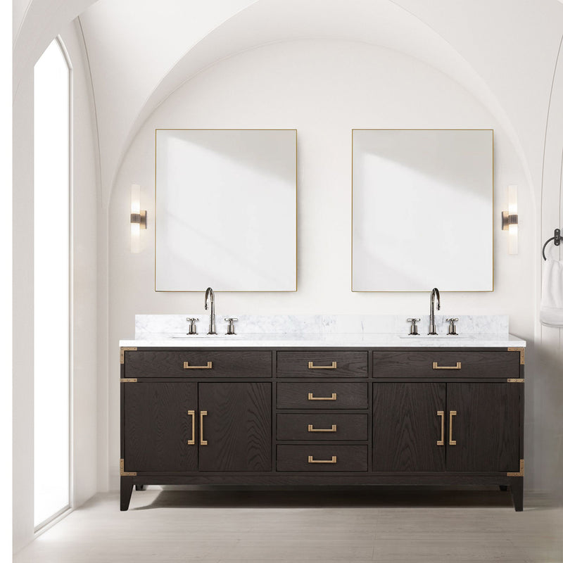 Lexora Laurel 80 " W x 22 " D Black Oak Double Bath Vanity Carrara Marble Top and 36 " Mirrors