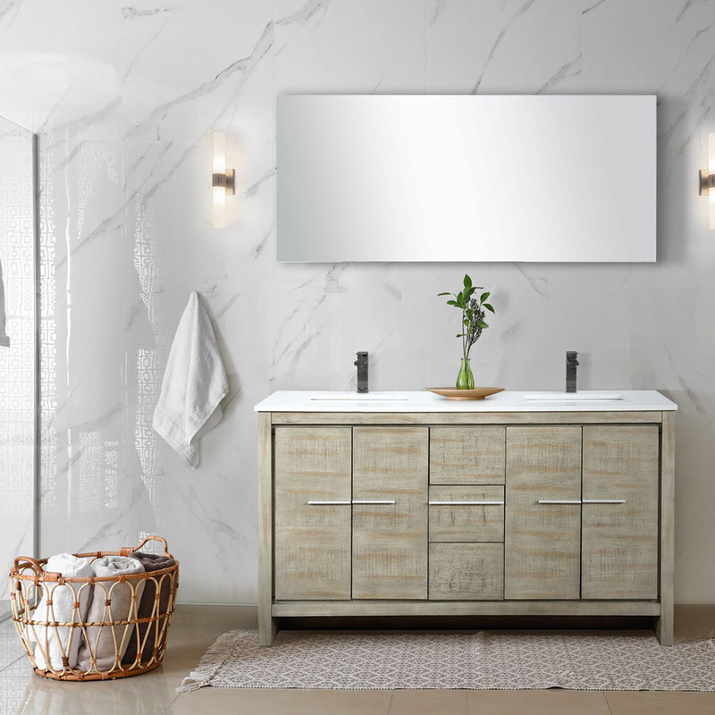 Lexora Lafarre 60" W x 20" D Rustic Acacia Double Bath Vanity Cultured Marble Top with Faucet Set and 55" Mirror