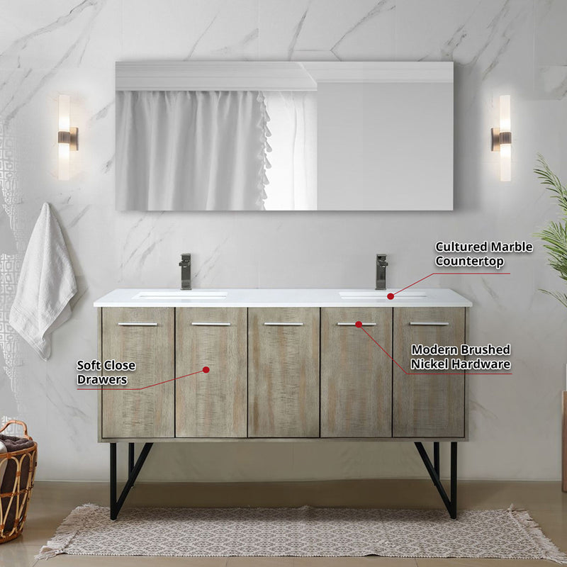 Lexora Lancy 60" W x 20" D Rustic Acacia Double Bath Vanity Cultured Marble Top with Faucet Set