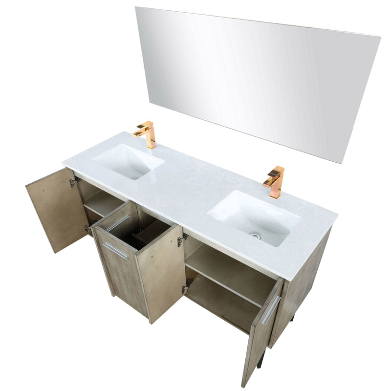 Lexora Lancy 60" W x 20" D Rustic Acacia Double Bath Vanity Cultured Marble Top with Faucet Set and 55" Mirror