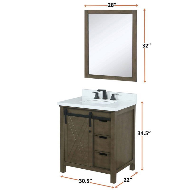 Lexora Marsyas 30" W x 22" D Rustic Brown Bath Vanity Marble Countertop with Faucet Set and 28" Mirror