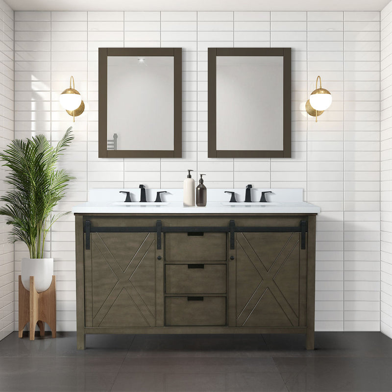 Lexora Marsyas 60" W x 22" D Rustic Brown Double Bath Vanity Marble Countertop and 24" Mirrors