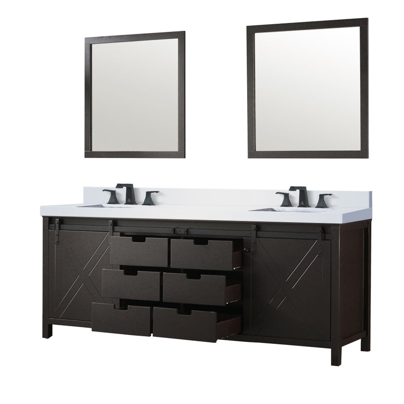 Lexora Marsyas 84 in W x 22 in D Brown Double Bath Vanity, Marble Countertop with Faucet Set and 34 in Mirrors