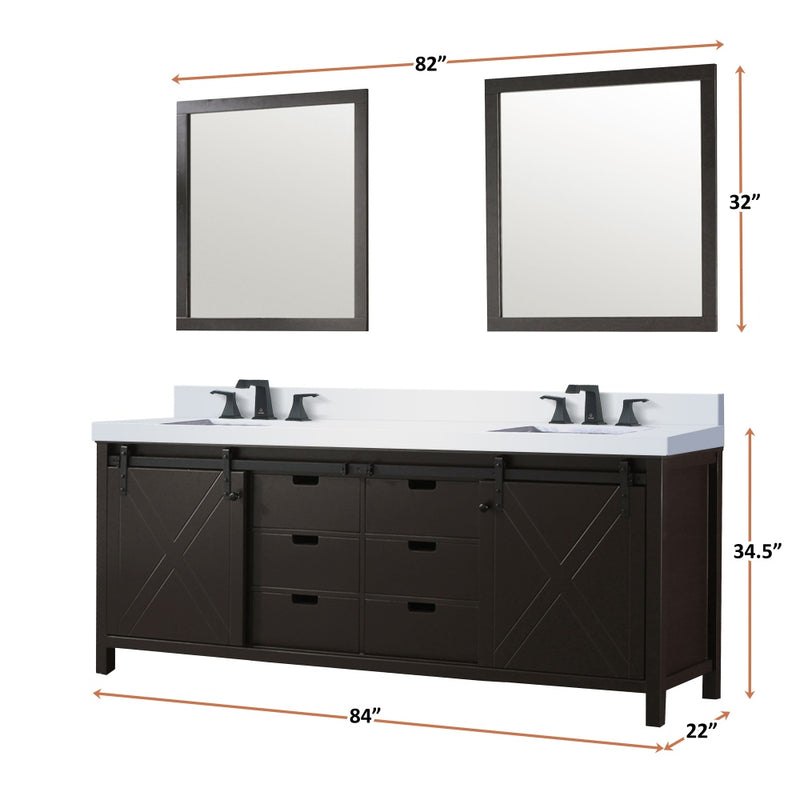 Lexora Marsyas 84 in W x 22 in D Brown Double Bath Vanity, Marble Countertop with Faucet Set and 34 in Mirrors