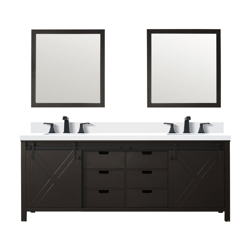 Lexora Marsyas 84 in W x 22 in D Brown Double Bath Vanity, Marble Countertop with Faucet Set and 34 in Mirrors