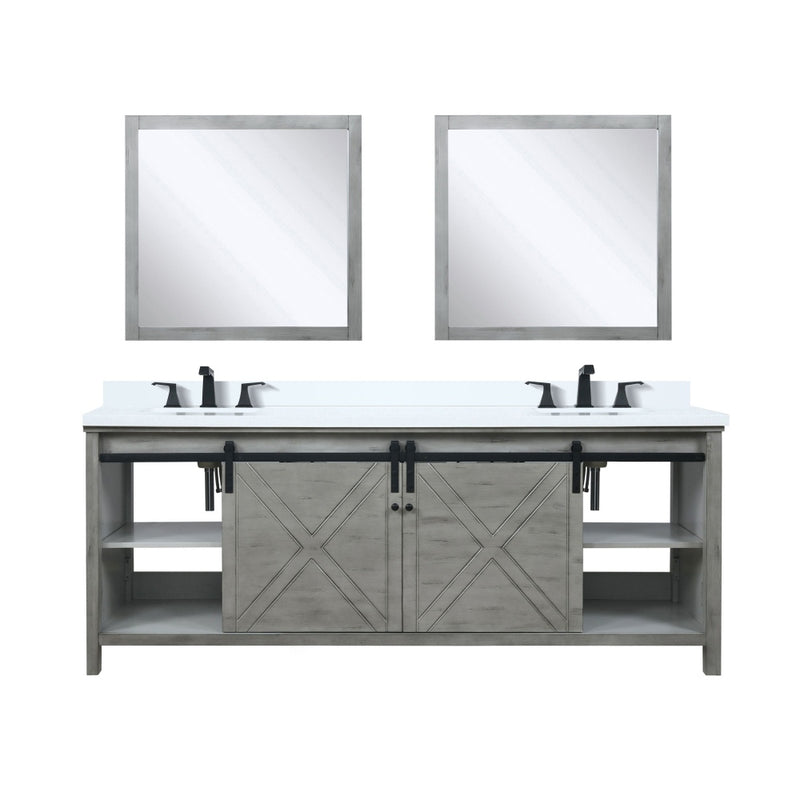 Lexora Marsyas 84 in W x 22 in D Ash Grey Double Bath Vanity, Marble Countertop with Faucet Set and 34 in Mirrors