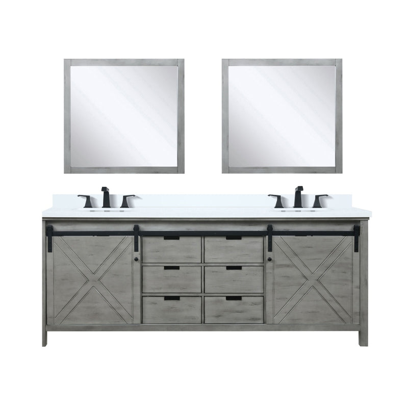 Lexora Marsyas 84 in W x 22 in D Ash Grey Double Bath Vanity, Marble Countertop with Faucet Set and 34 in Mirrors